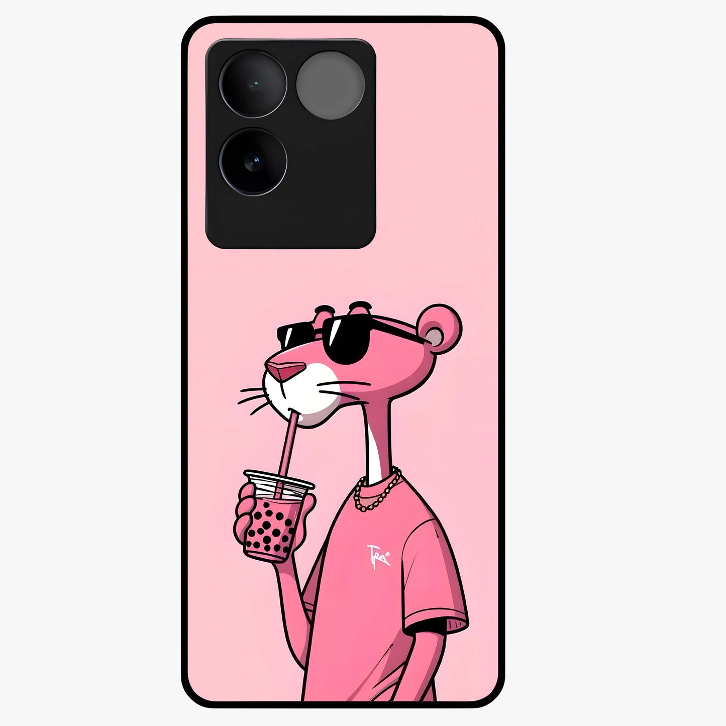 Pink Panther Glass Case showing flat back view with iconic pink panther artwork and glossy glass finish.