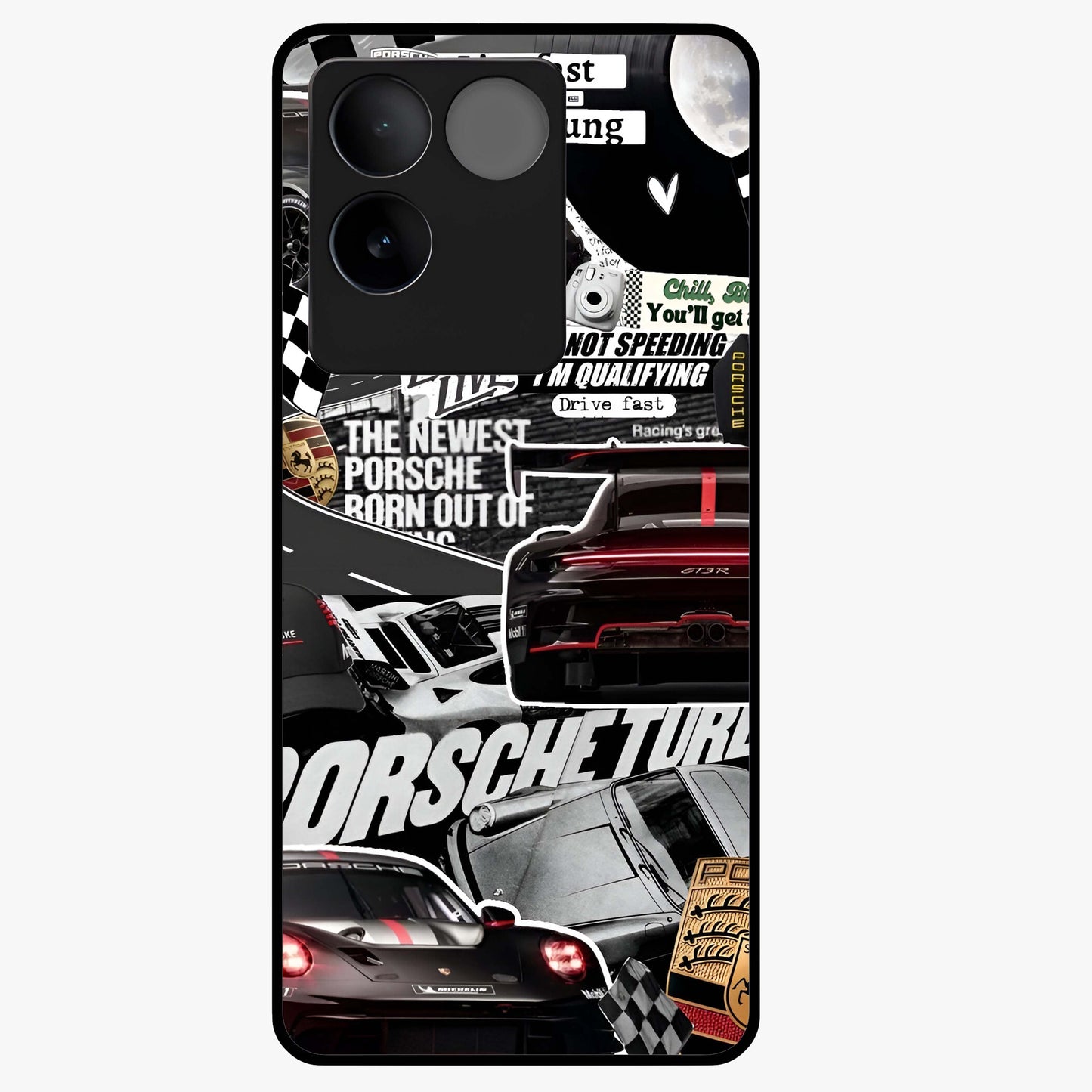 Porsche Racing Collage Glass Case showing flat back view with sports car racing collage artwork and glossy glass finish.