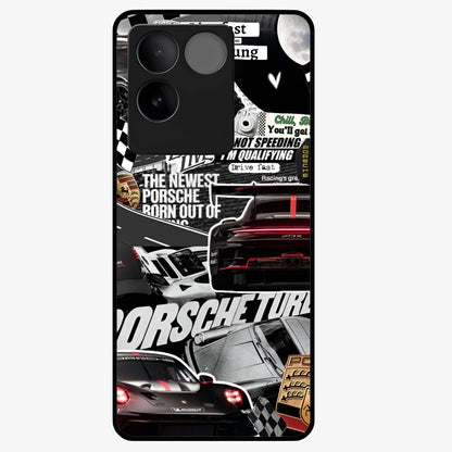 Porsche Racing Collage Glass Case showing flat back view with sports car racing collage artwork and glossy glass finish.