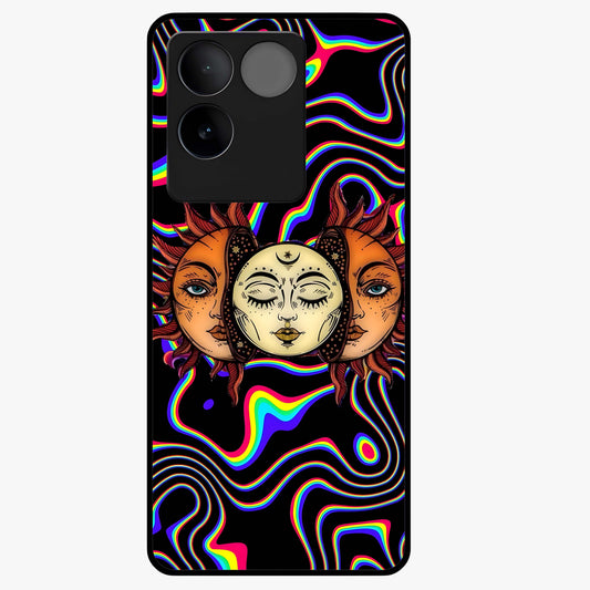Psychedelic Sun Glass Case showing flat back view with colorful psychedelic sun artwork and glossy glass finish.