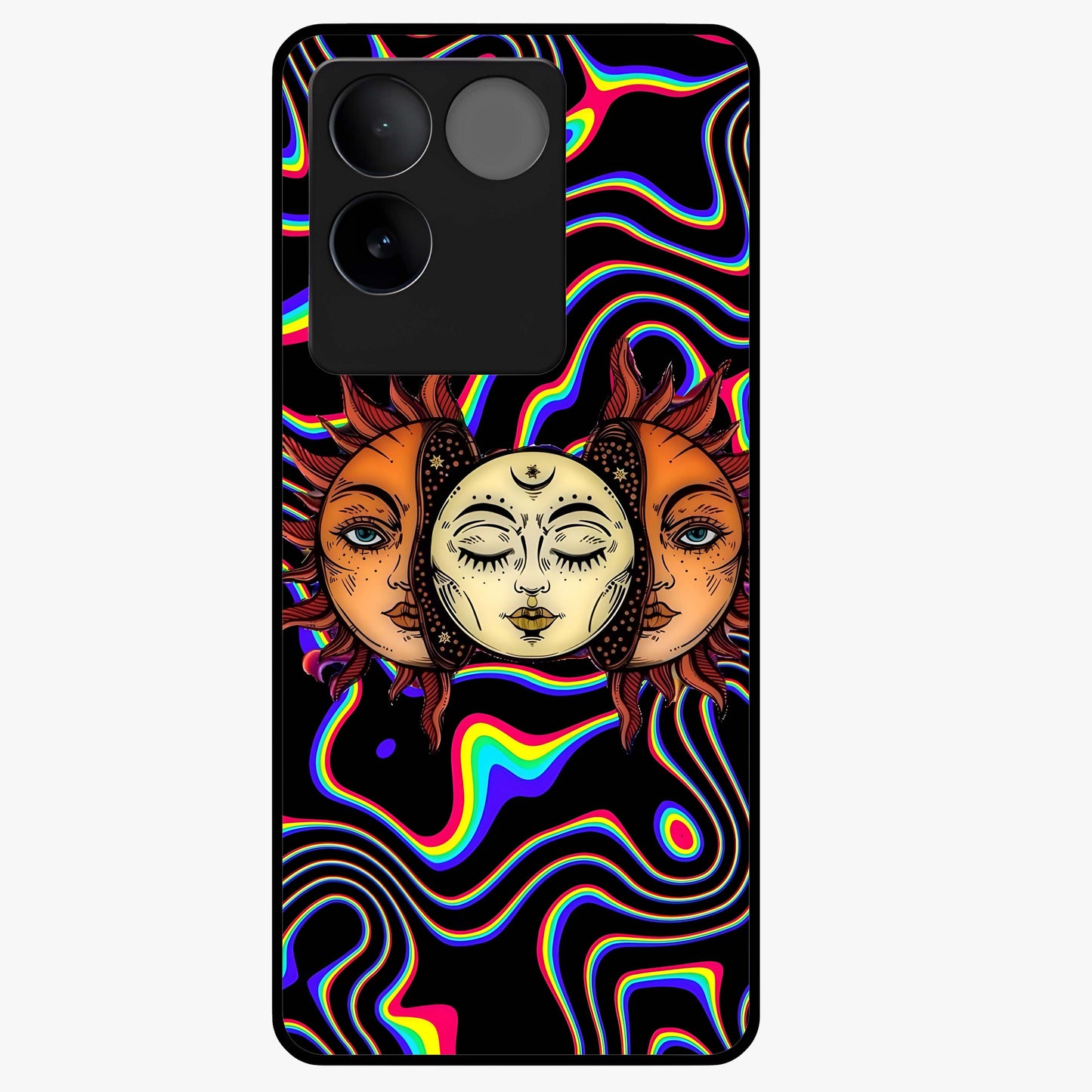 Psychedelic Sun Glass Case showing flat back view with colorful psychedelic sun artwork and glossy glass finish.