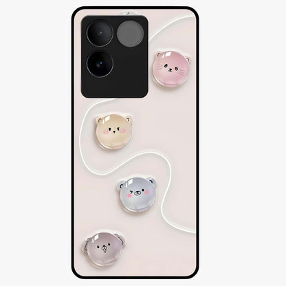 Puffy Face Parade Glass Case showing flat back view with cute puffy character faces artwork and glossy glass finish.