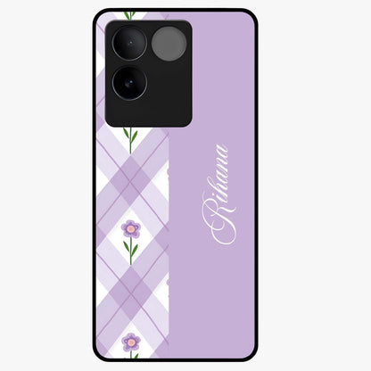 Purple Diamond Floral Glass Case showing flat back view with diamond shaped floral artwork and glossy glass finish.