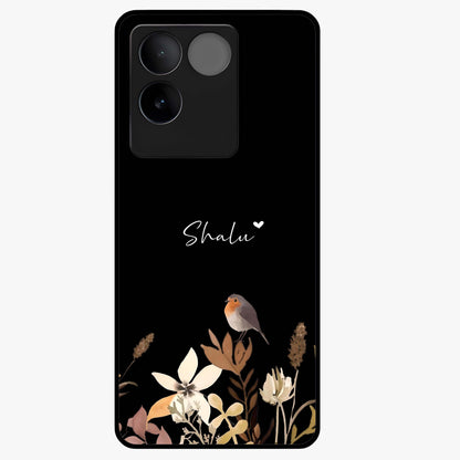 Quiet Garden Tune Custom Name Glass Case showing flat back view with peaceful garden artwork and personalized name design.