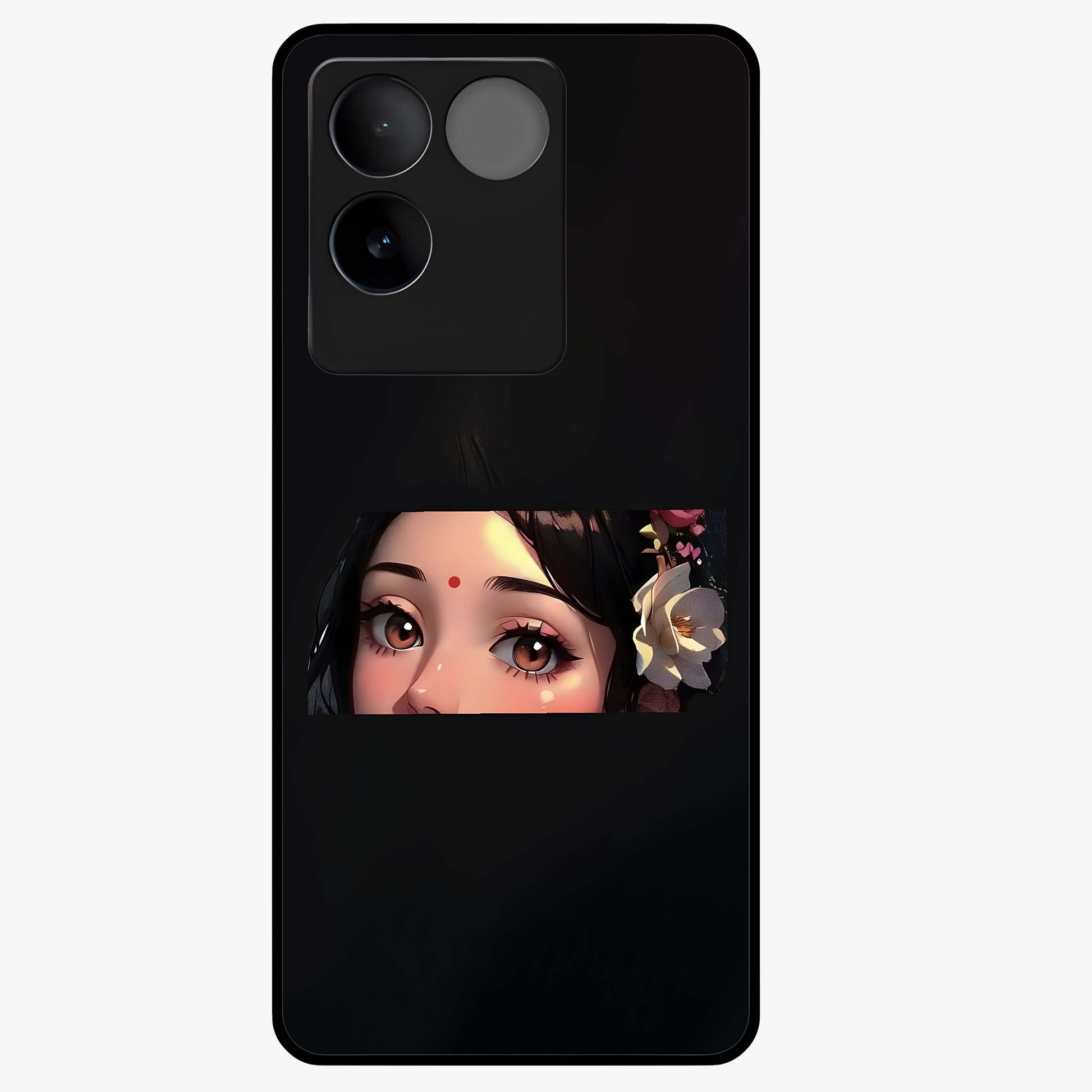 Radha Divine Embrace Glass Case showing flat back view with devotional Radha artwork and glossy glass finish.