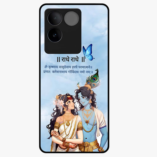 Radha Krishna Eternal Glass Case showing flat back view with Radha Krishna devotional artwork and glossy glass finish.