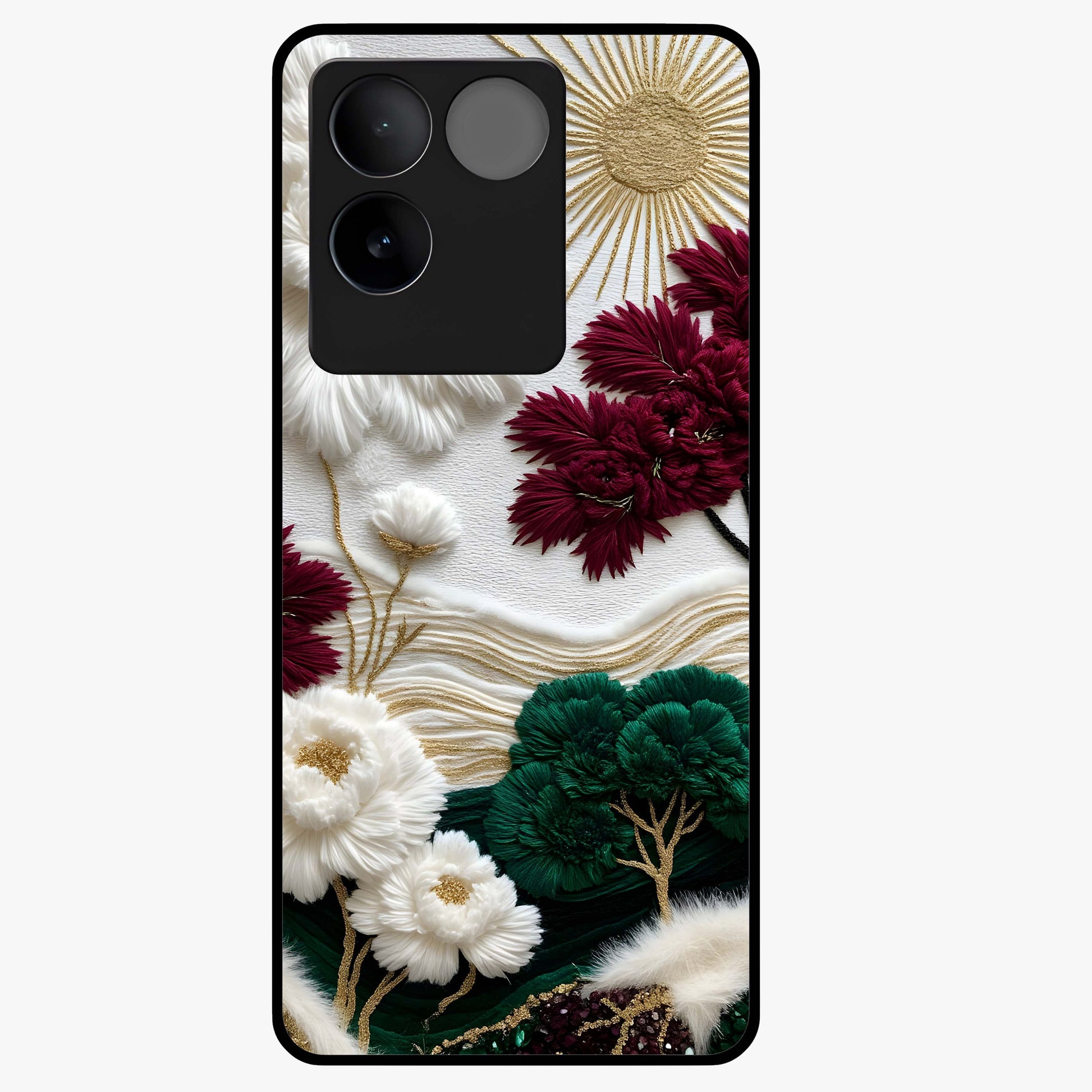 Radiant Bloom Elegance Glass Case showing flat back view with elegant blooming flower artwork and glossy glass finish.