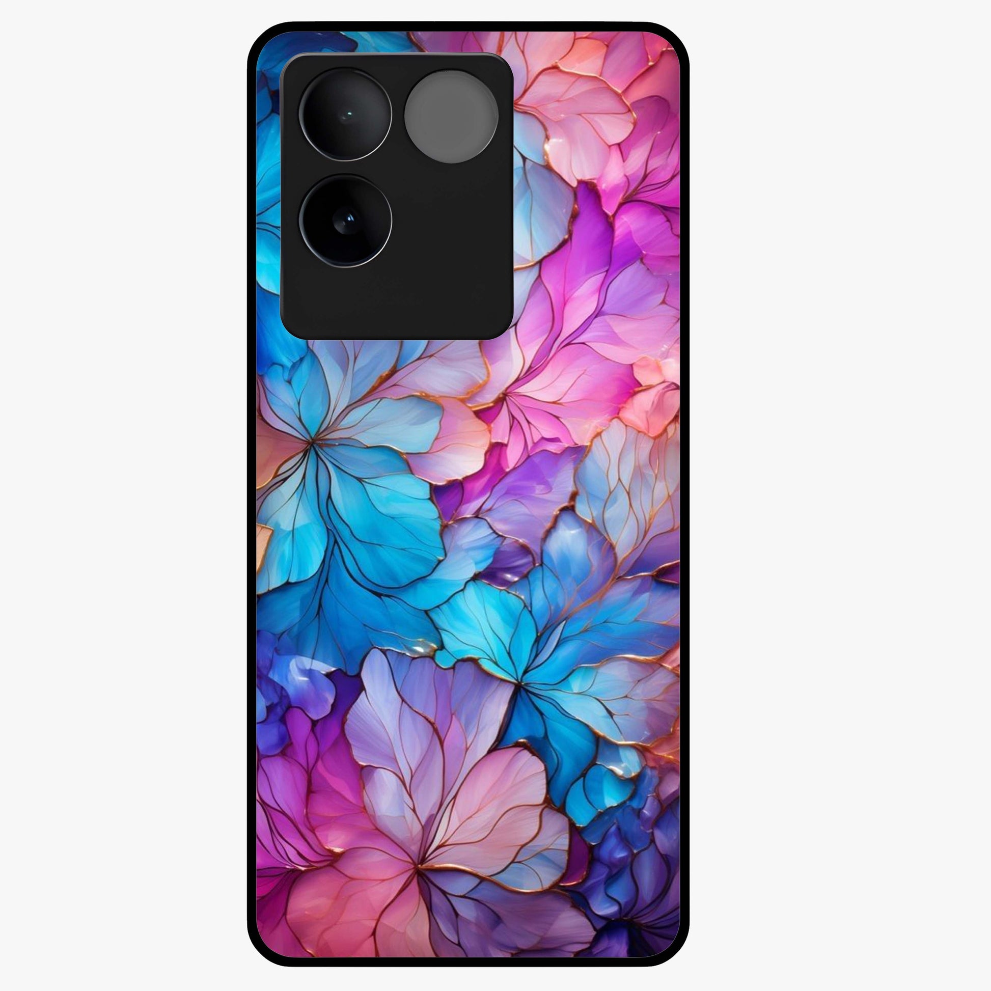 Radiant Floral Whirl Glass Case showing flat back view with swirling floral artwork and glossy glass finish.