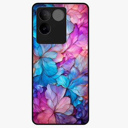 Radiant Floral Whirl Glass Case showing flat back view with swirling floral artwork and glossy glass finish.