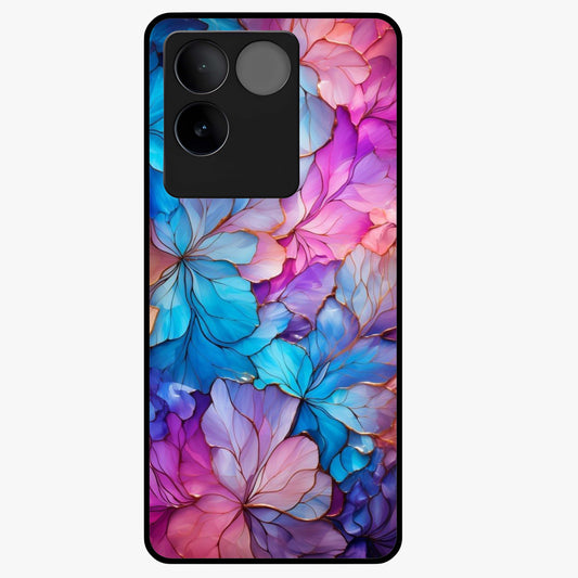 Radiant Floral Whirl Glass Case showing flat back view with swirling floral artwork and glossy glass finish.
