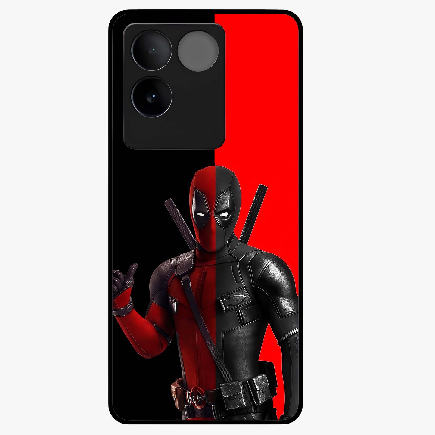 Red & Black Deadpool Theme Glass Case showing flat back view with bold comic inspired artwork and glossy glass finish.