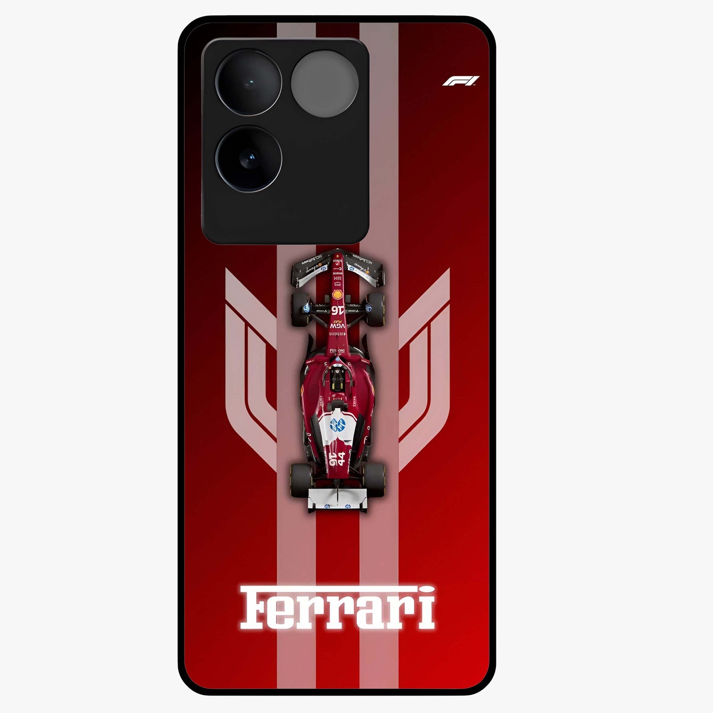 Red Ferrari F1 Vertical Glass Case showing flat back view with sleek Formula racing car artwork and glossy glass finish.