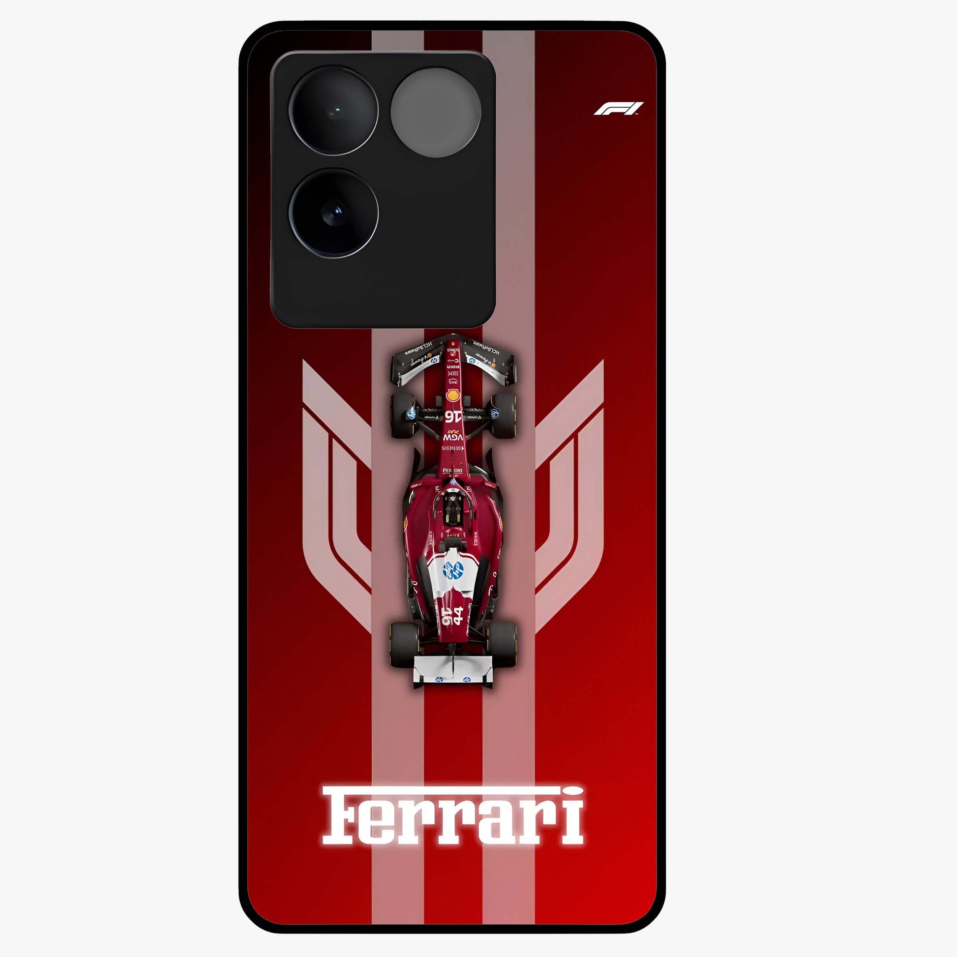 Red Ferrari F1 Vertical Glass Case showing flat back view with sleek Formula racing car artwork and glossy glass finish.