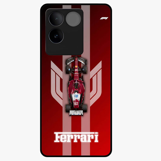Red Ferrari F1 Vertical Glass Case showing flat back view with sleek Formula racing car artwork and glossy glass finish.