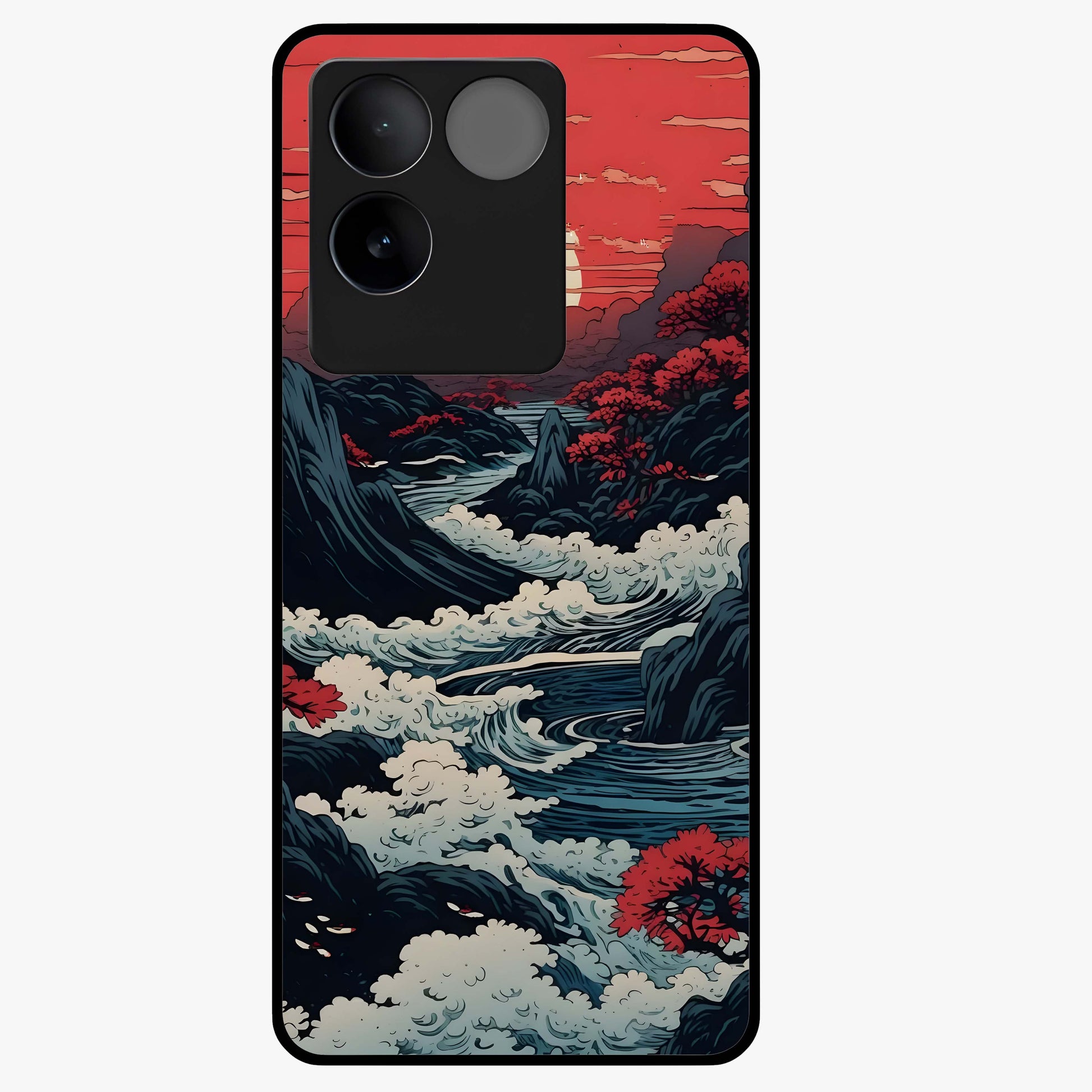 Red Sunset Scenery Glass Case showing flat back view with vibrant sunset landscape artwork and glossy glass finish.