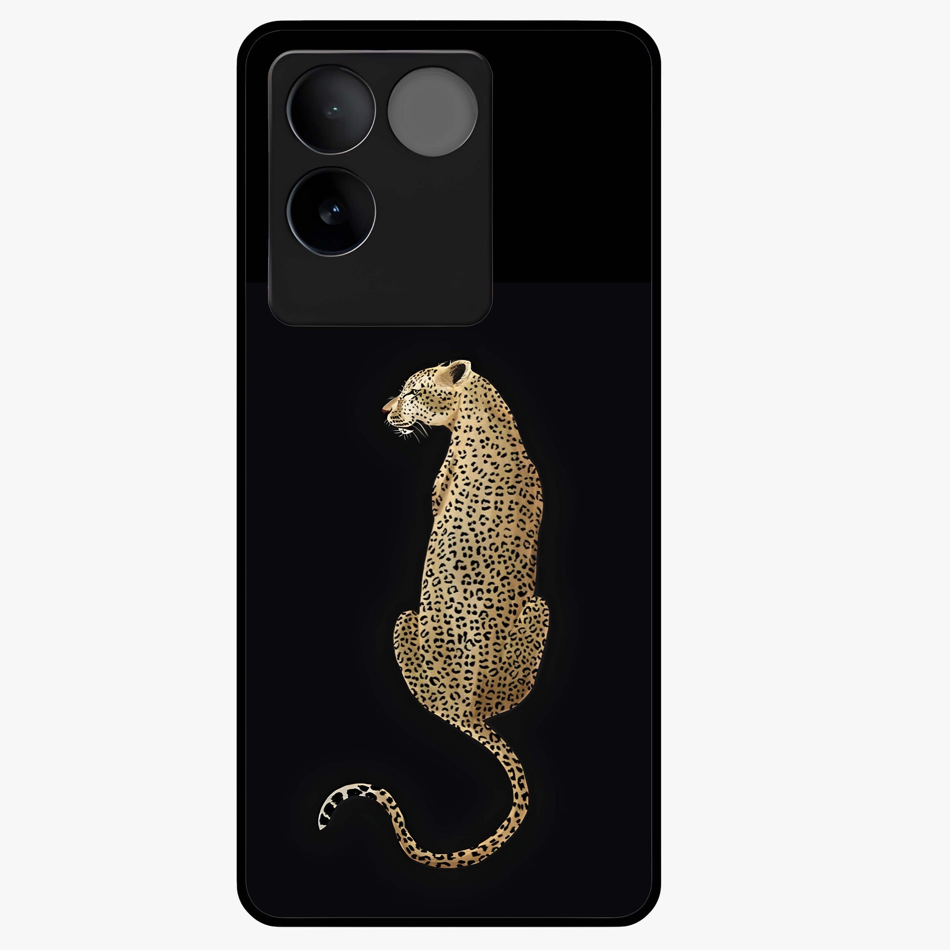 Regal Leopard Glass Case showing flat back view with bold leopard artwork and glossy glass finish.