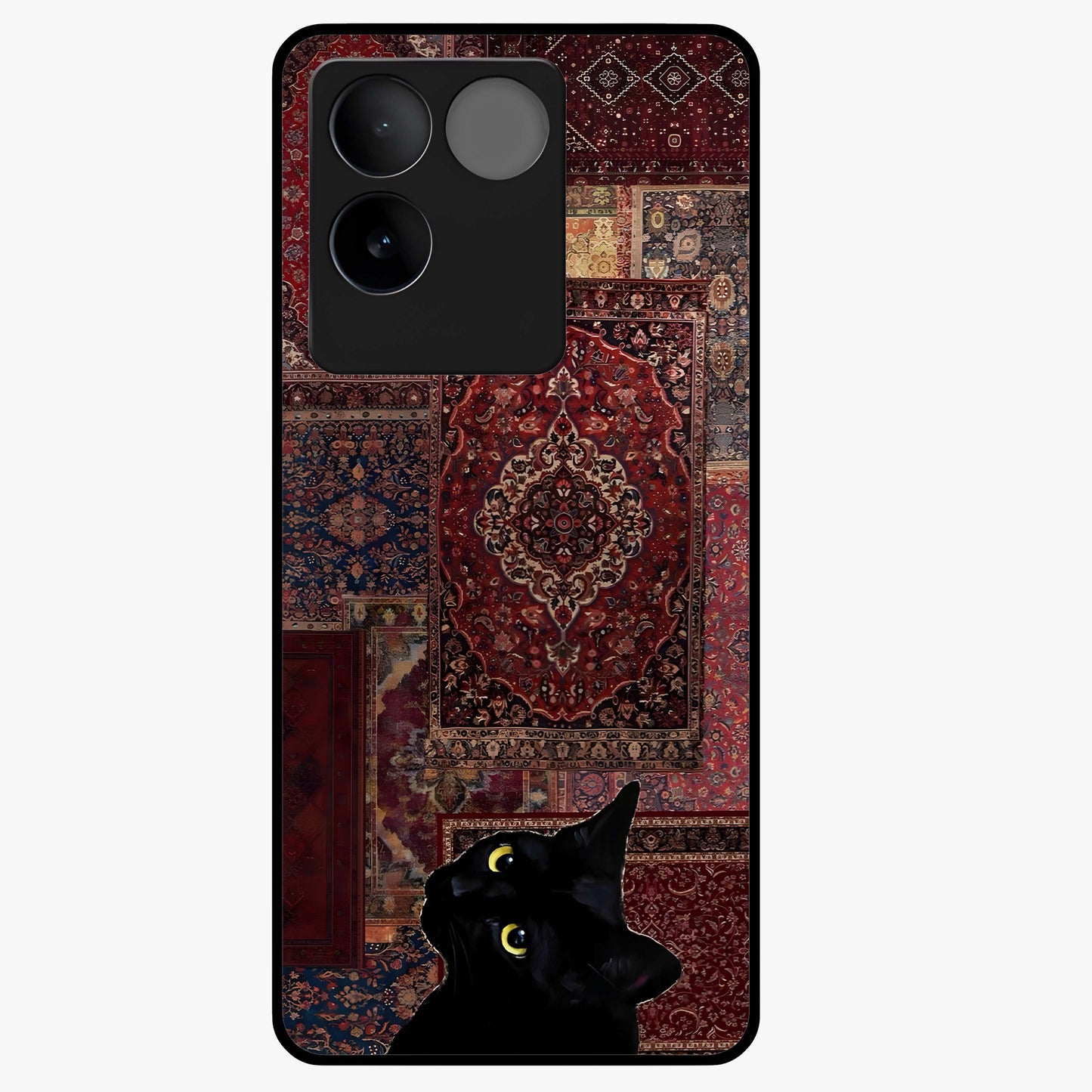 Regal Magic Cat Apple Glass Case showing flat back view with magical cat artwork holding apple and glossy glass finish.