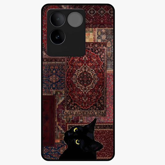Regal Magic Cat Apple Glass Case showing flat back view with magical cat artwork holding apple and glossy glass finish.