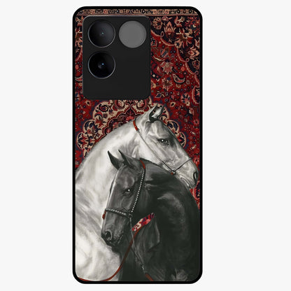 Regal Stallion Tapestry Glass Case showing flat back view with majestic horse tapestry artwork and glossy glass finish.