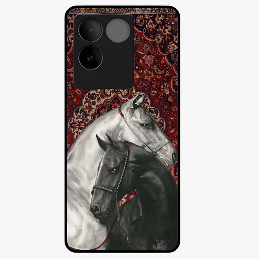 Regal Stallion Tapestry Glass Case showing flat back view with majestic horse tapestry artwork and glossy glass finish.