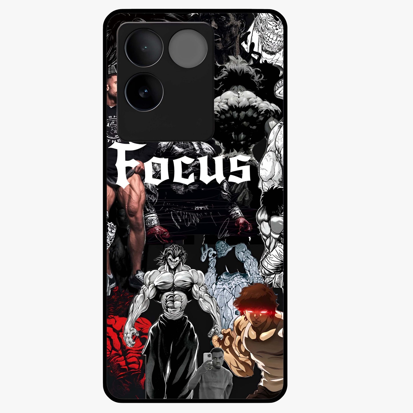 Relentless Power Focus Glass Case showing flat back view with motivational typography artwork and glossy glass finish.