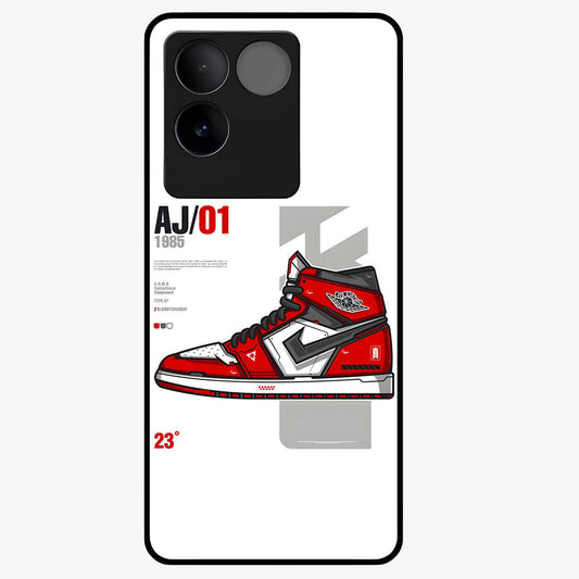Retro Sneaker Blueprint Glass Case showing flat back view with sneaker blueprint style artwork and glossy glass finish.