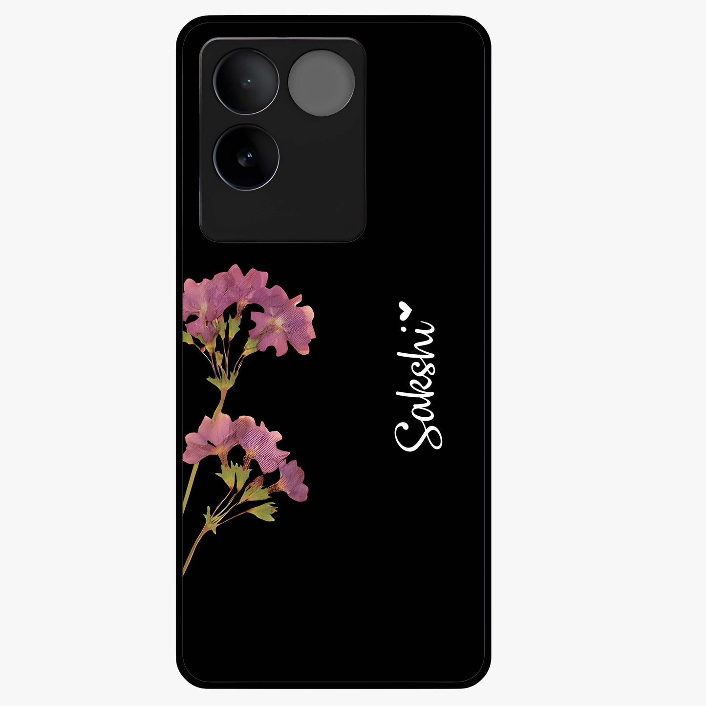 Riching Lavender Flower Custom Name Glass Case showing flat back view with lavender floral artwork and personalized name design.