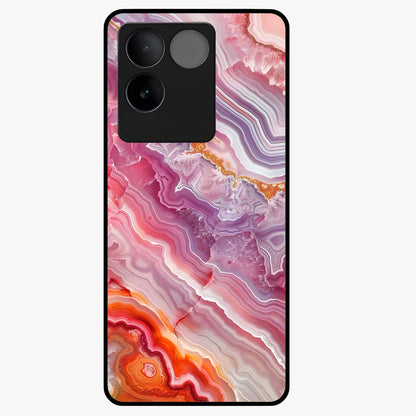 Rose Quartz Marble Glass Case showing flat back view with pink marble quartz texture artwork and glossy glass finish.
