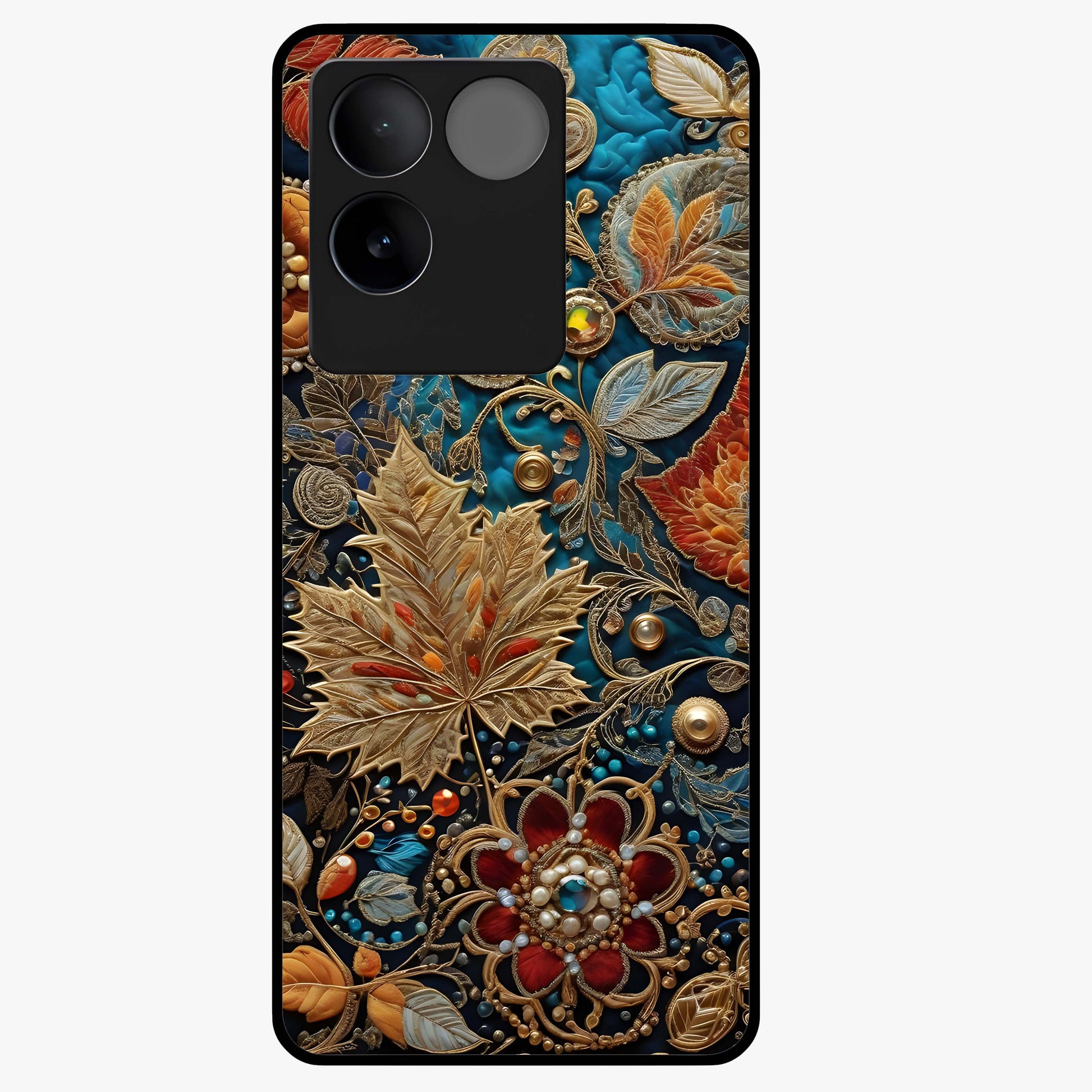 Royal Jewel Garden Glass Case showing flat back view with decorative floral garden artwork and glossy glass finish.