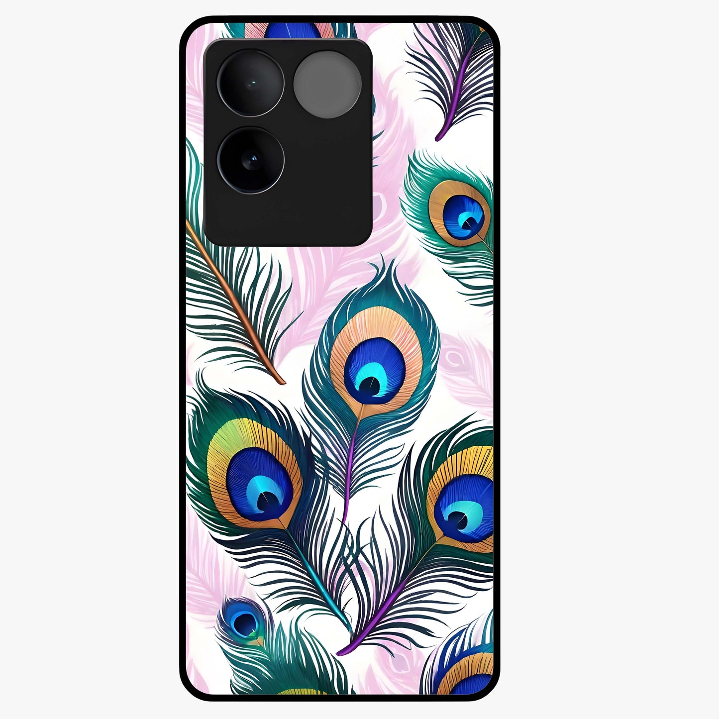 Royal Peacock Feathers Glass Case showing flat back view with colorful peacock feather artwork and glossy glass finish.