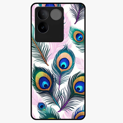 Royal Peacock Feathers Glass Case showing flat back view with colorful peacock feather artwork and glossy glass finish.