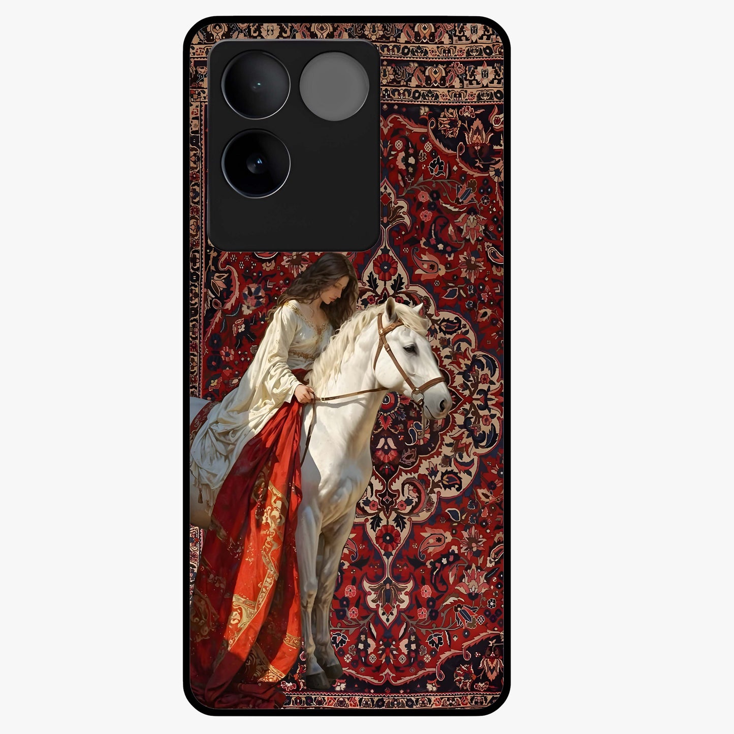 Royal Rider Tapestry Glass Case showing flat back view with majestic horse rider tapestry artwork and glossy glass finish.