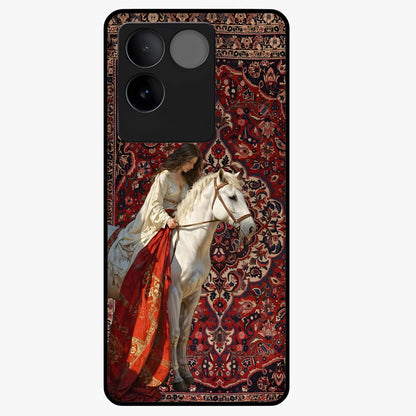 Royal Rider Tapestry Glass Case showing flat back view with majestic horse rider tapestry artwork and glossy glass finish.
