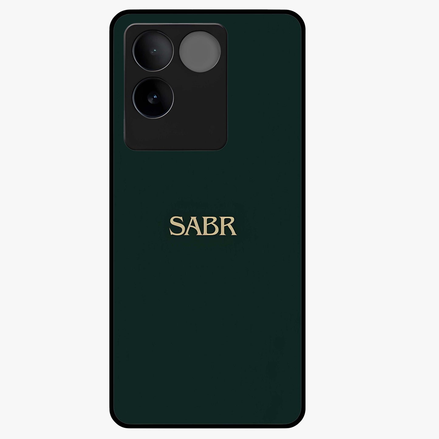 Sabr Minimal Patience Glass Case showing flat back view with minimalist typography artwork and glossy glass finish.