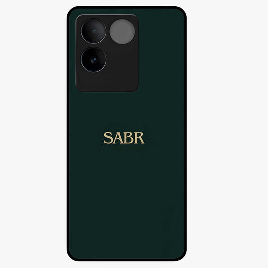 Sabr Minimal Patience Glass Case showing flat back view with minimalist typography artwork and glossy glass finish.