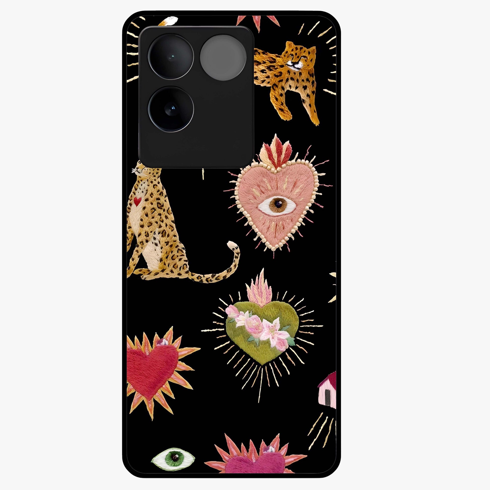 Sacred Jungle Heart Glass Case showing flat back view with jungle inspired heart artwork and glossy glass finish.