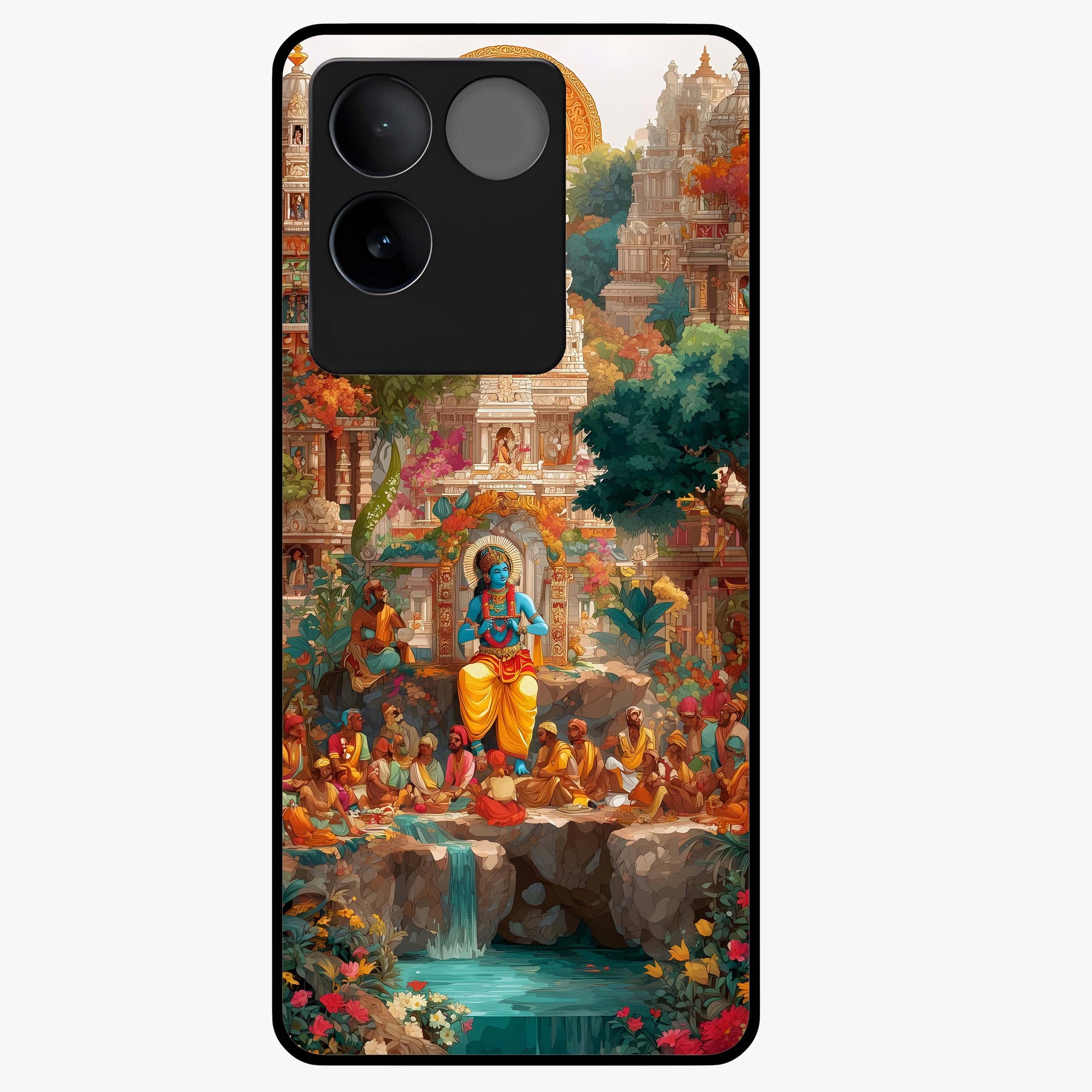 Sacred Sunlight Gods Glass Case showing flat back view with divine sunlight themed artwork and glossy glass finish.