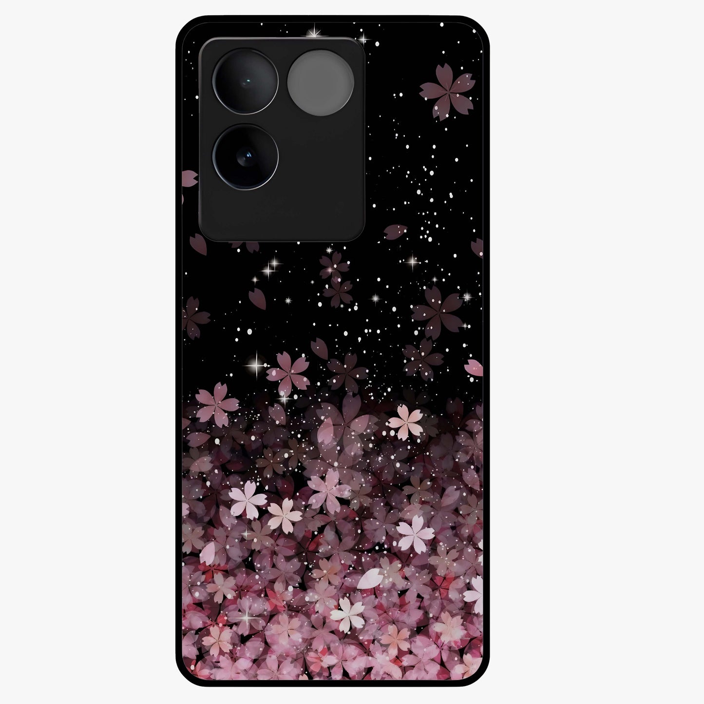 Small Starry Flowers Glass Case showing flat back view with delicate starry floral artwork and glossy glass finish.