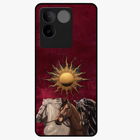 Solar Riders Glass Case showing flat back view with dynamic rider themed artwork and glossy glass finish.