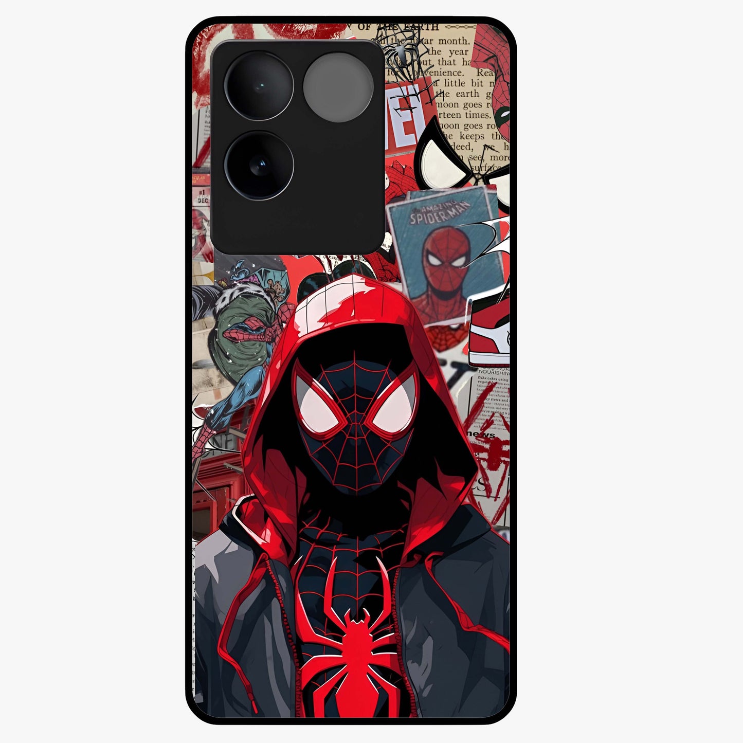 Spider Collage Street Glass Case showing flat back view with vibrant superhero collage artwork and glossy glass finish.