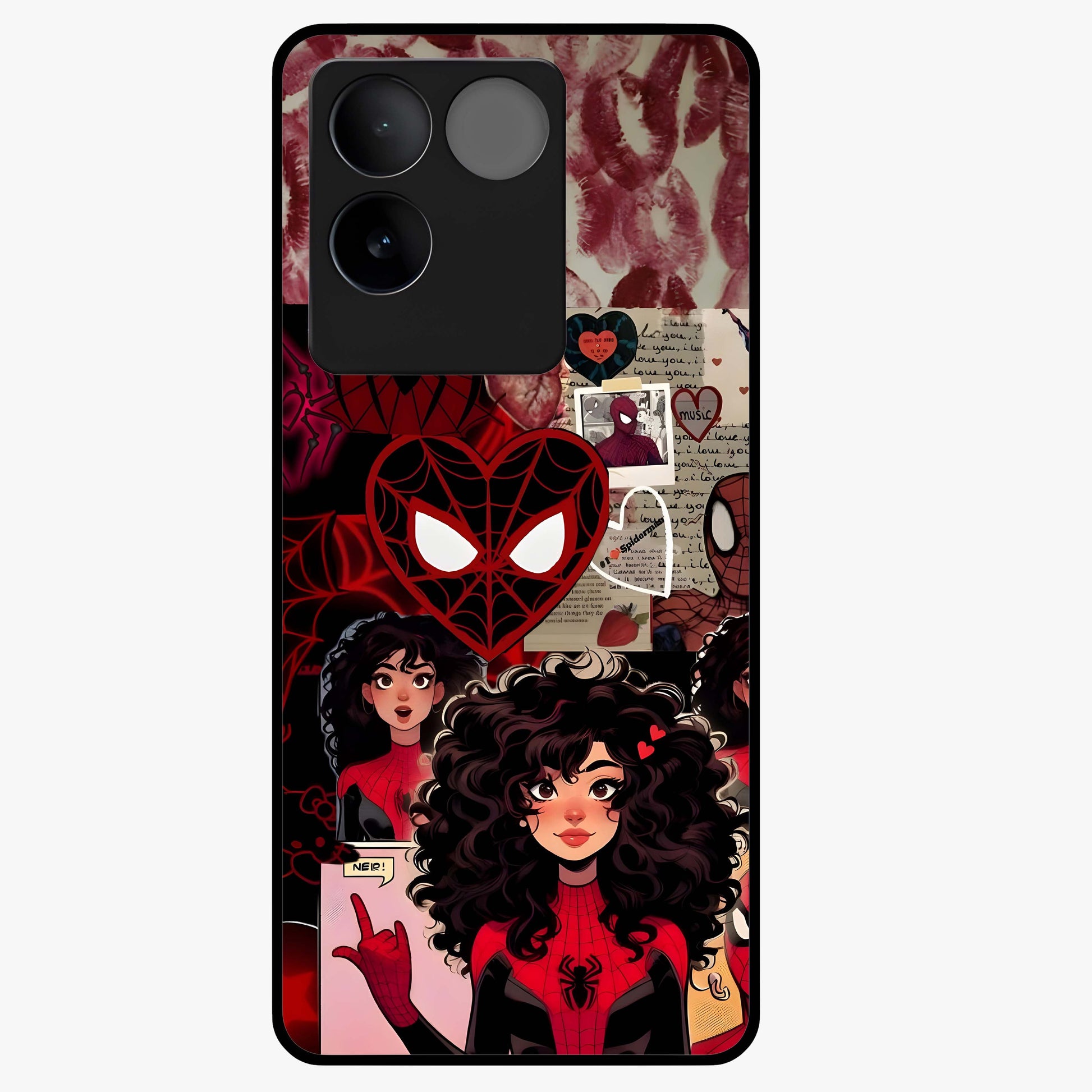 Spider Love Story Glass Case showing flat back view with romantic superhero themed artwork and glossy glass finish.