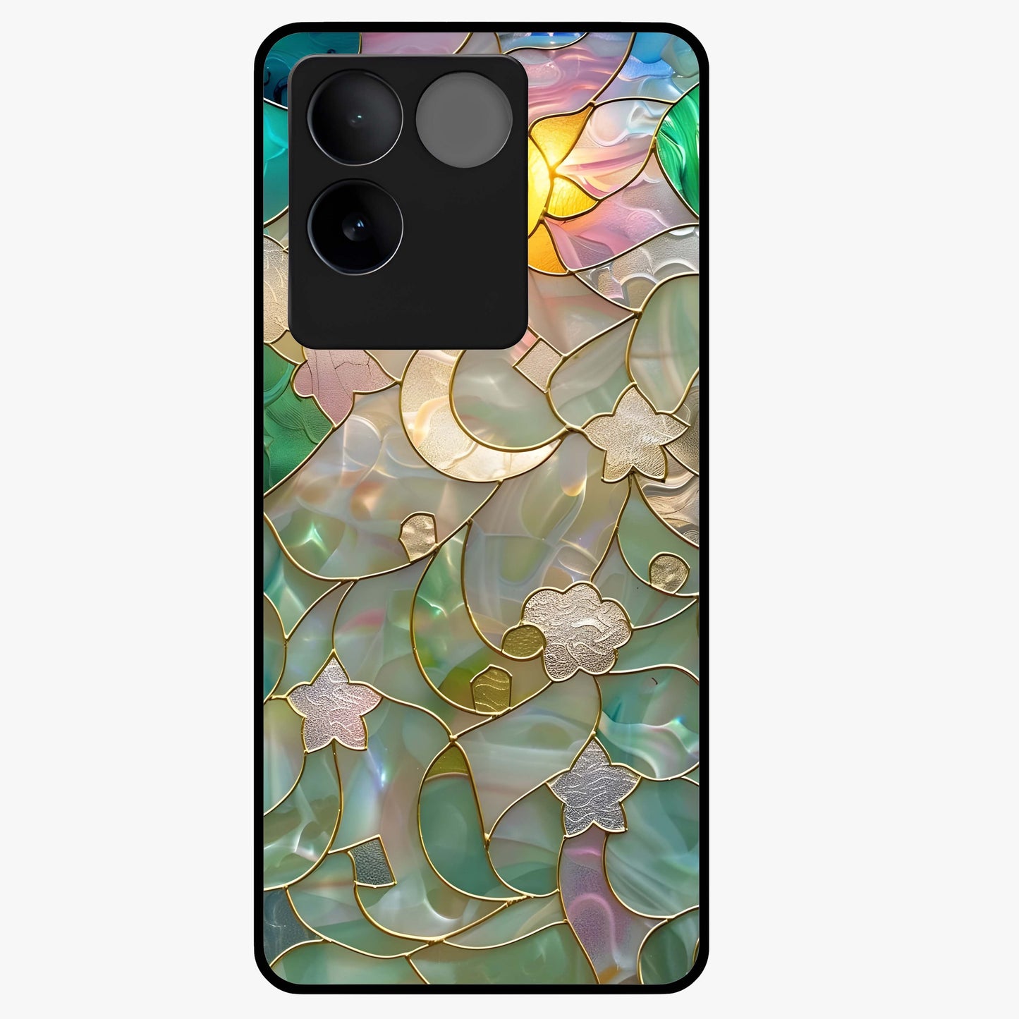 Stained Sunrise Glow Glass Case showing flat back view with glowing sunrise stained pattern artwork and glossy glass finish.
