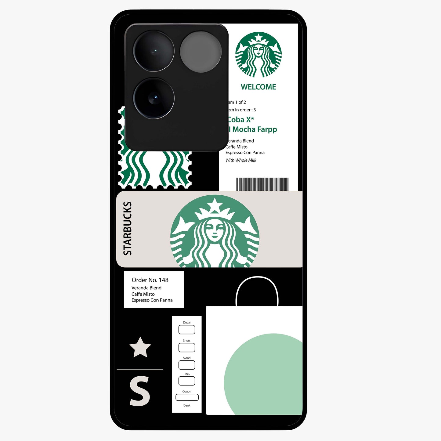 Starbucks Mocha Glass Case showing flat back view with coffee inspired artwork and glossy glass finish.
