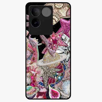 Starlit Jewel Dream Glass Case showing flat back view with sparkling jewel and star themed artwork and glossy glass finish.