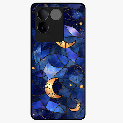 Starlit Sky Tapestry Glass Case showing flat back view with decorative starry sky tapestry artwork and glossy glass finish.