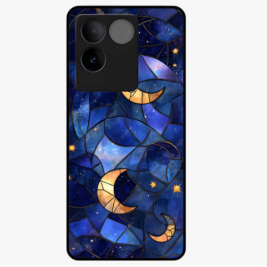 Starlit Sky Tapestry Glass Case showing flat back view with decorative starry sky tapestry artwork and glossy glass finish.