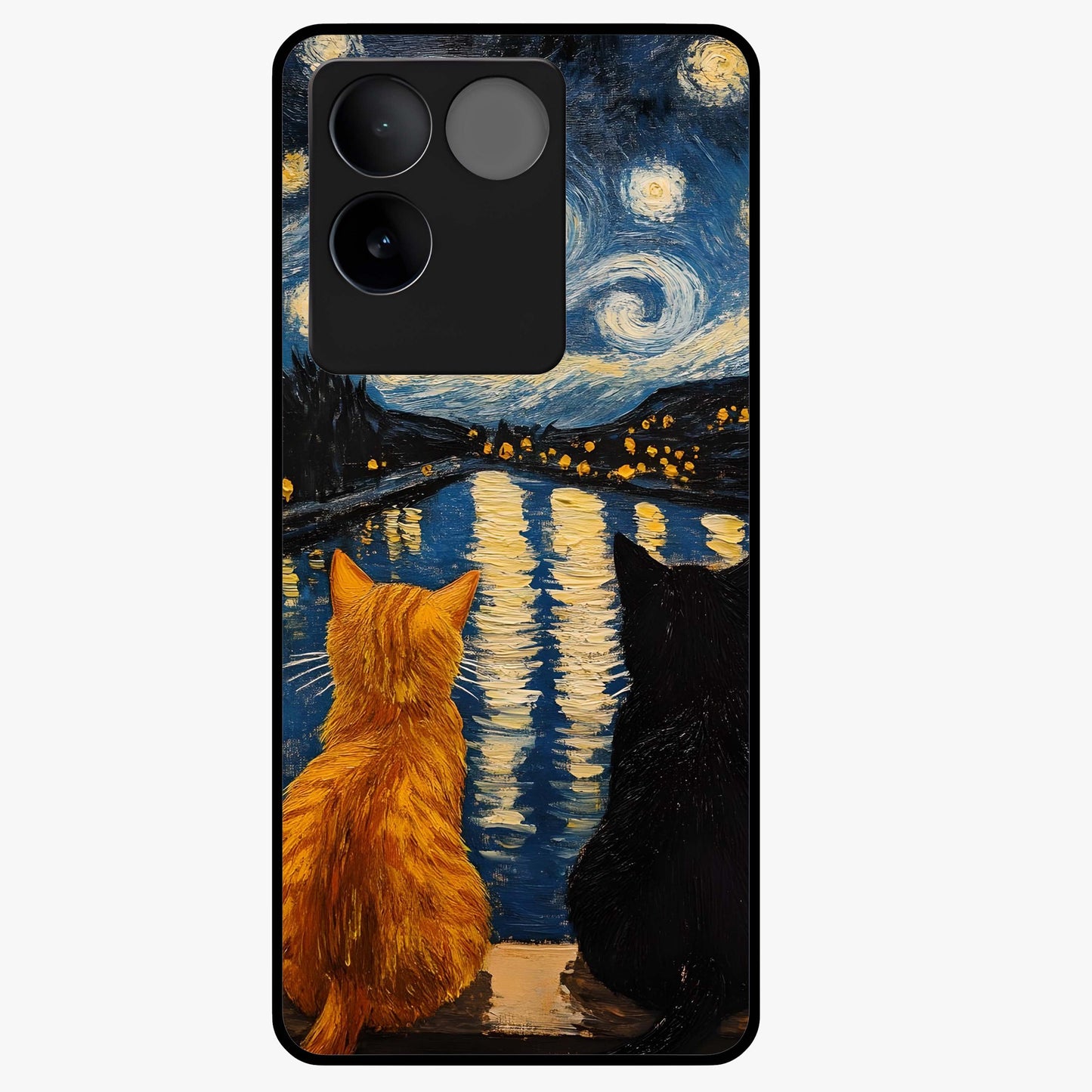 Starry River Cats Glass Case showing flat back view with cats by a starry river artwork and glossy glass finish.