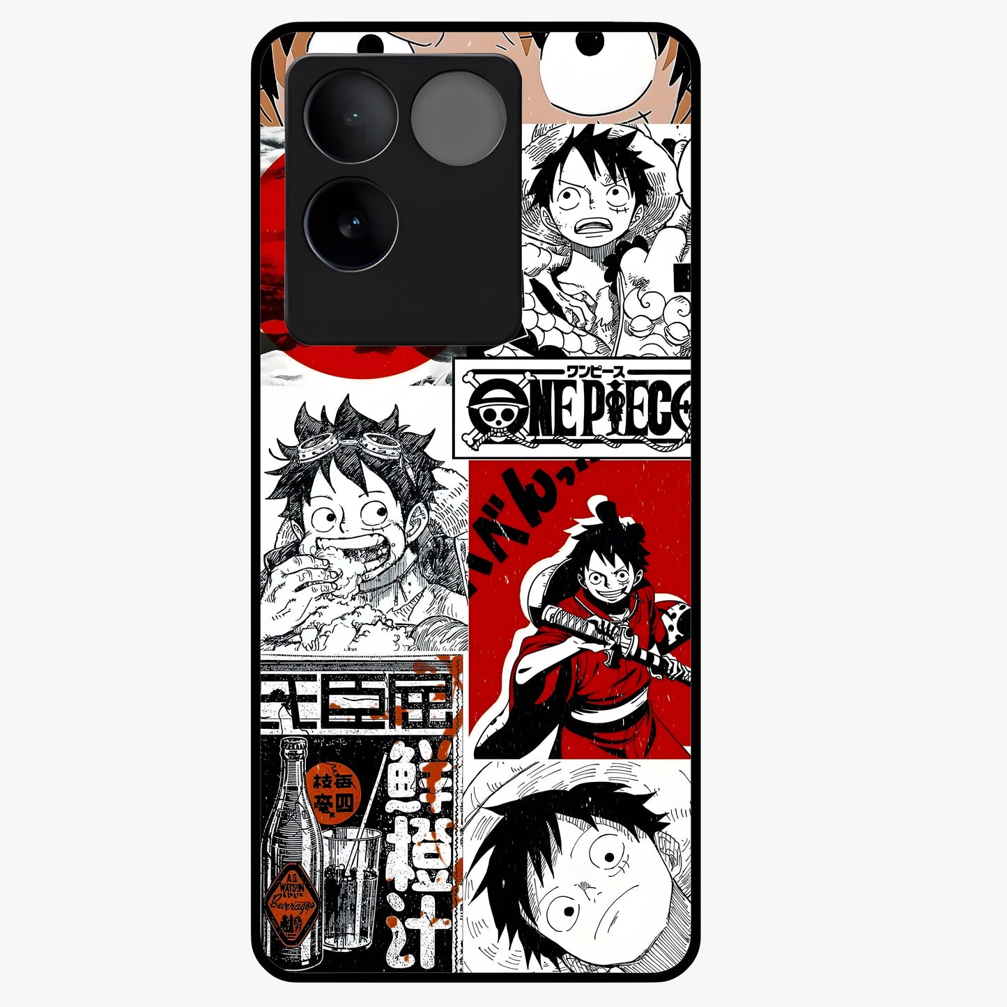 Strawhat Chaos Panels Glass Case showing flat back view with anime inspired chaos panel artwork and glossy glass finish.