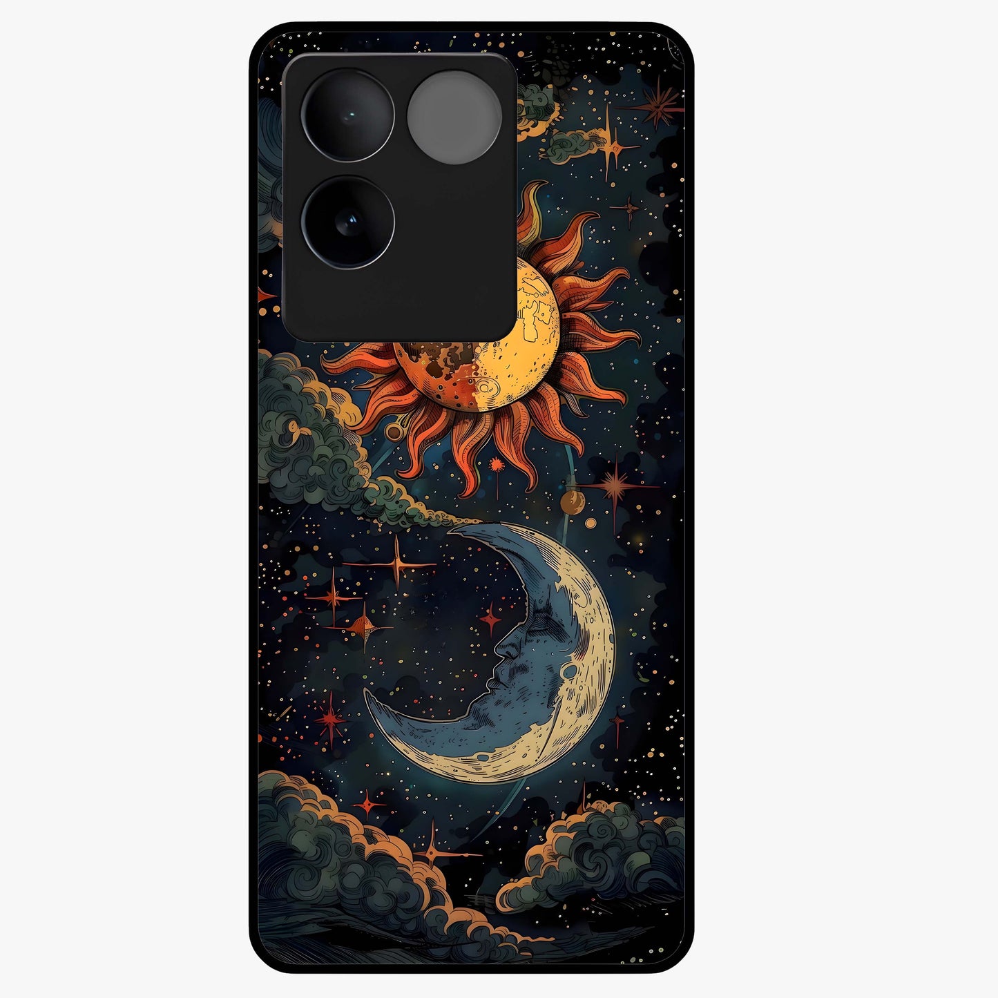 Sun And Moon Magic Design Glass Case showing flat back view with mystical sun and moon artwork and glossy glass finish.