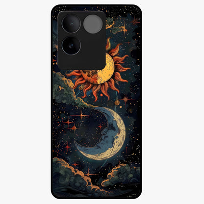 Sun And Moon Magic Design Glass Case showing flat back view with mystical sun and moon artwork and glossy glass finish.